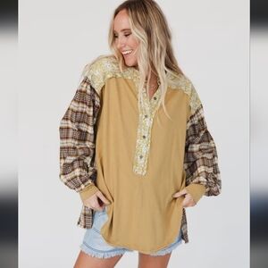 Three Bird Nest Mixed Print Plaid Henley Blouse Puff Sleeve Size Large